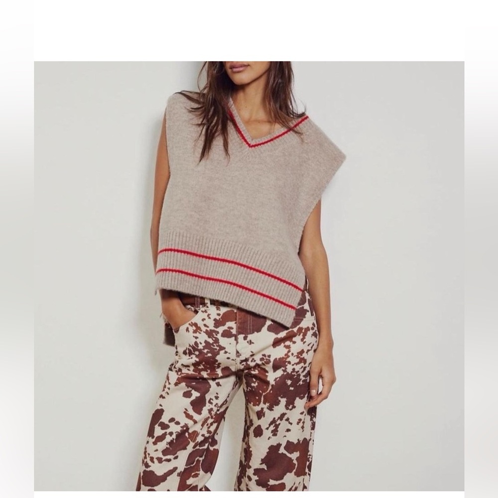 NWOT Free People All Star Poncho Knit Sweater Vest in Tan/Red Fall Boho Neutral